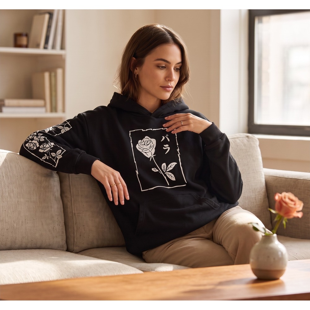 Romwe Womens Black Rose Graphic Hoodie Japanese Text Sweatshirt Size L